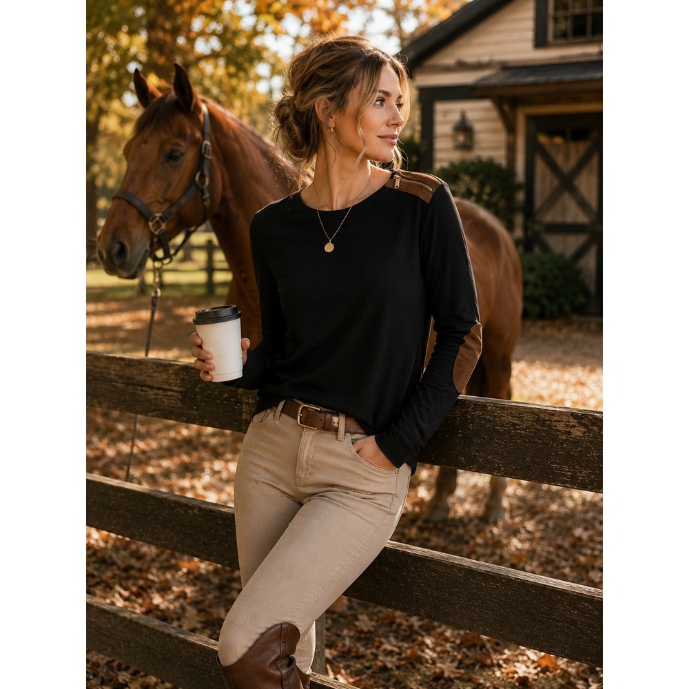 Lauren Ralph Lauren Black Long Sleeve Top Faux Suede Elbow Patch Zipper XL - Picture 8 of 8